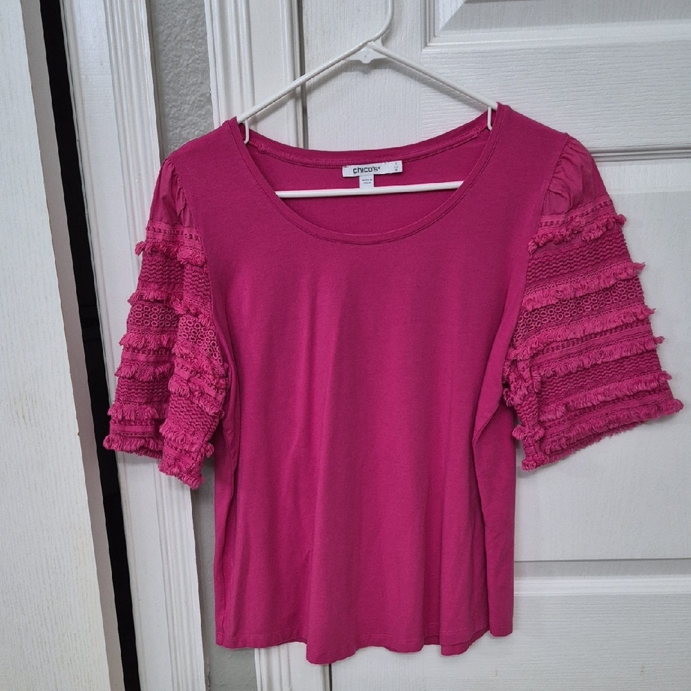 Chico's Fuchsia Lace Sleeve Tee